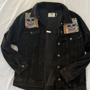 Bershka Black Denim Jacket with Skull Patches